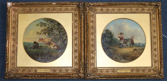 Robert Burrows (1819-1883) Two travellers with a donkey and dog - and companion piece 7.5in.